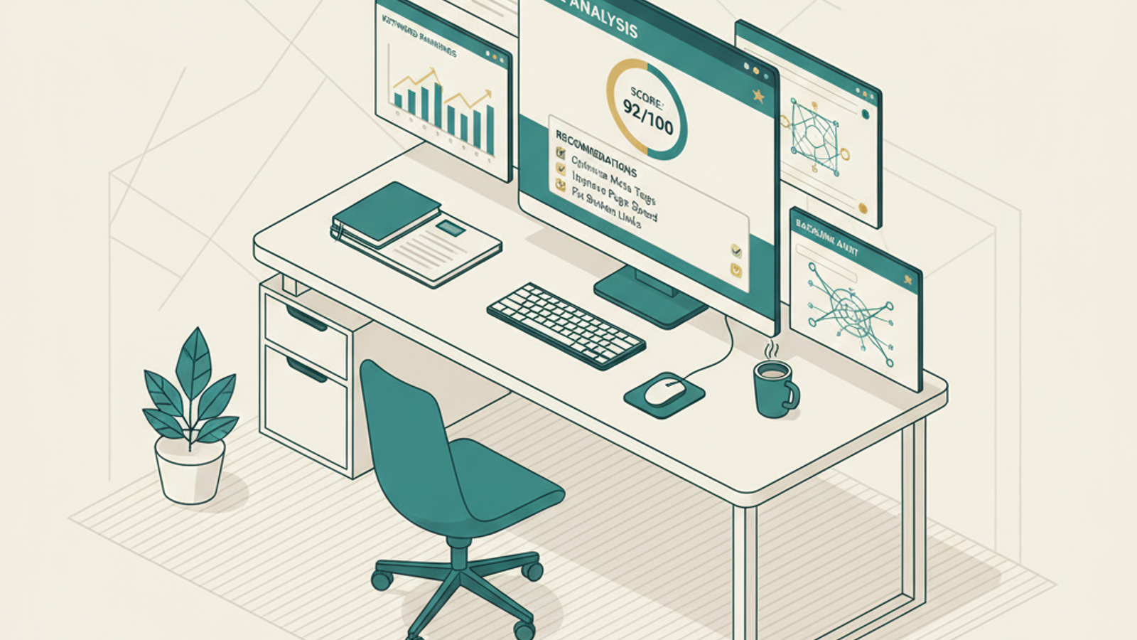 Isometric illustration for on page seo tools article